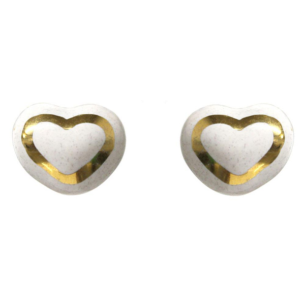 Пусеты Сердце (керамика,белый г/п: золото, 1.4х1см) Испания 01902025