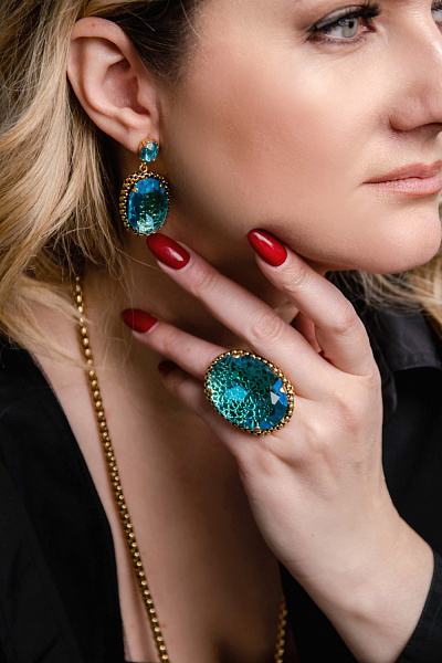 Серьги (чешское стекло бирюзовое, кристаллы, 4.5х2.2 см, 26гр) Италия Claudio Canzian 002 02 882