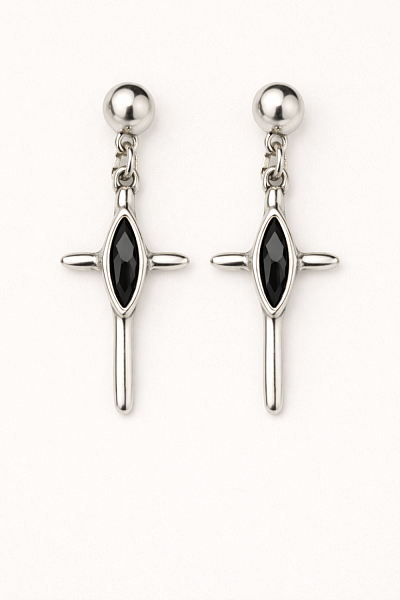 Серьги Ciclon 265600-01 (кристалл черный, г/п: серебро, 4х2 см) Испания Cruz