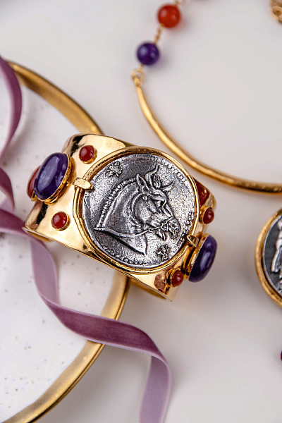 Браслет (сердолик, аметист, г/п: золото, 4.5 см, до 16.5 см) Франция Philippe Ferrandis LOU41