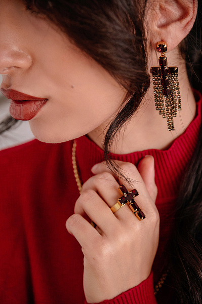 Кольцо Крест (кристаллы красные, 3,2х2,2 см) Италия Claudio Canzian 002 01 509