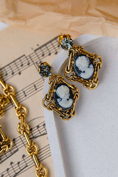 Серьги Камея кристаллы графит, г/п: золото Италия Claudio Canzian 002 02 754