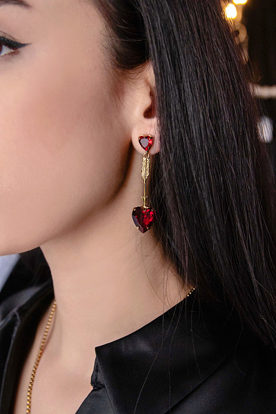 Серьги Сердца (кристаллы красные, 5.8х1.4 см, 10 гр) Италия Claudio Canzian 002 02 913