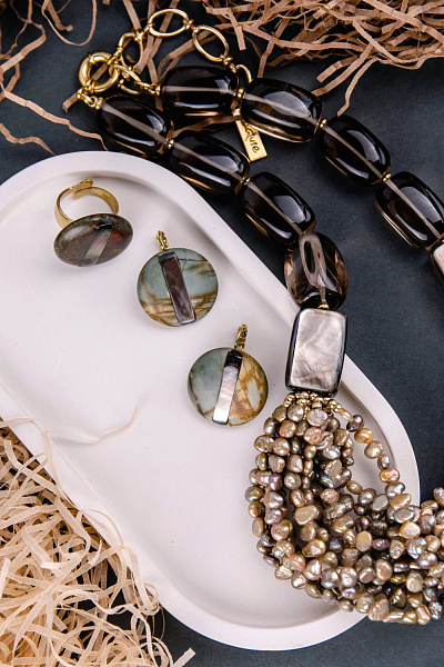 Серьги Lile Rouss (Яшма Пикассо, перламутр, 2,6х2,6 см) 12-90420 Франция Nature Bijjoux 