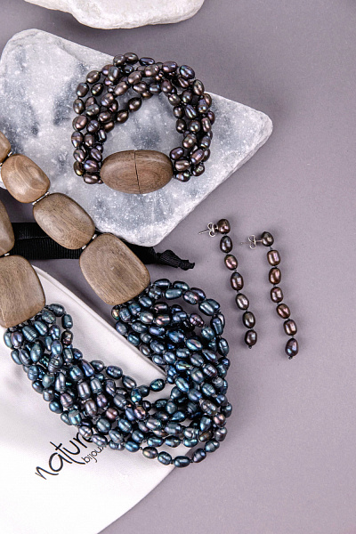 Браслет Pebble bea (Жемчуг, эбеновое дерево, до 18р., на магните) 13-44323 Франция Nature Bijjoux 