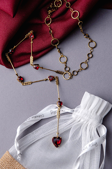 картинка Колье Сердца (кристалл красный, 52+37.5 см, 1,5х1,4 см) Италия Claudio Canzian 002 05 886 ювелирный  магазин Калина являющийся официальным дистрибьютором в России 