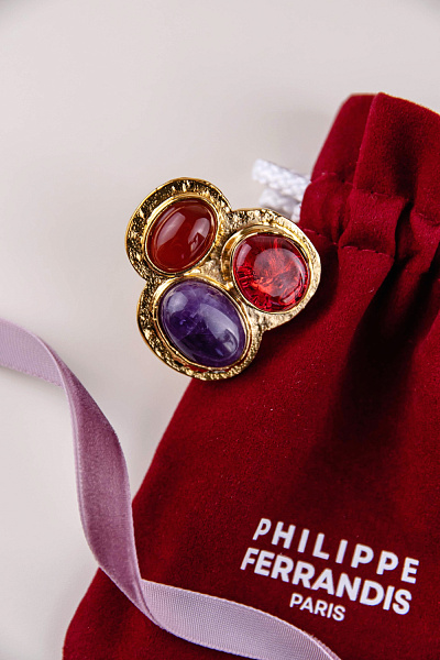Кольцо (сердолик, аметист, г/п: золото, 4х3.7 см, регулируется) Франция Philippe Ferrandis LOUVRE
