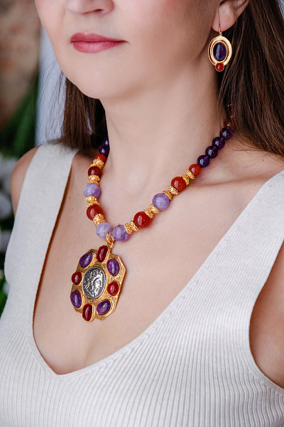 Колье (сердолик, аметист, г/п: золото, серебро, 5.3х5.5 см, регул.) Франция Philippe Ferrandis LOU21