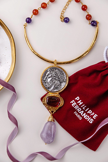 картинка Колье (сердолик, аметист, г/п: золото, серебро, 4.7х14 см, регулир) Франция Philippe Ferrandis LOU22 ювелирный  магазин Калина являющийся официальным дистрибьютором в России 
