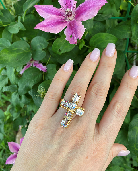 Кольцо Крест (прозрачный кристалл, г/п: золото, 3,3х2,3 см) Италия  Claudio Canzian 002 01 294