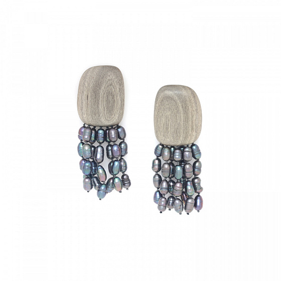 картинка Серьги Pebble bea (Жемчуг, эбеновое дерево 3,5х2.5х8 см) 12-90370 Франция Nature Bijjoux  ювелирный  магазин Калина являющийся официальным дистрибьютором в России 