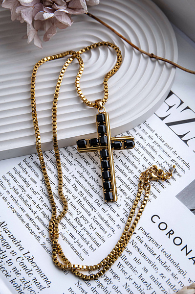 Колье Крест (кристалл черный, г/п: золото, 7х4,5 см) Италия  Claudio Canzian  002 05 470